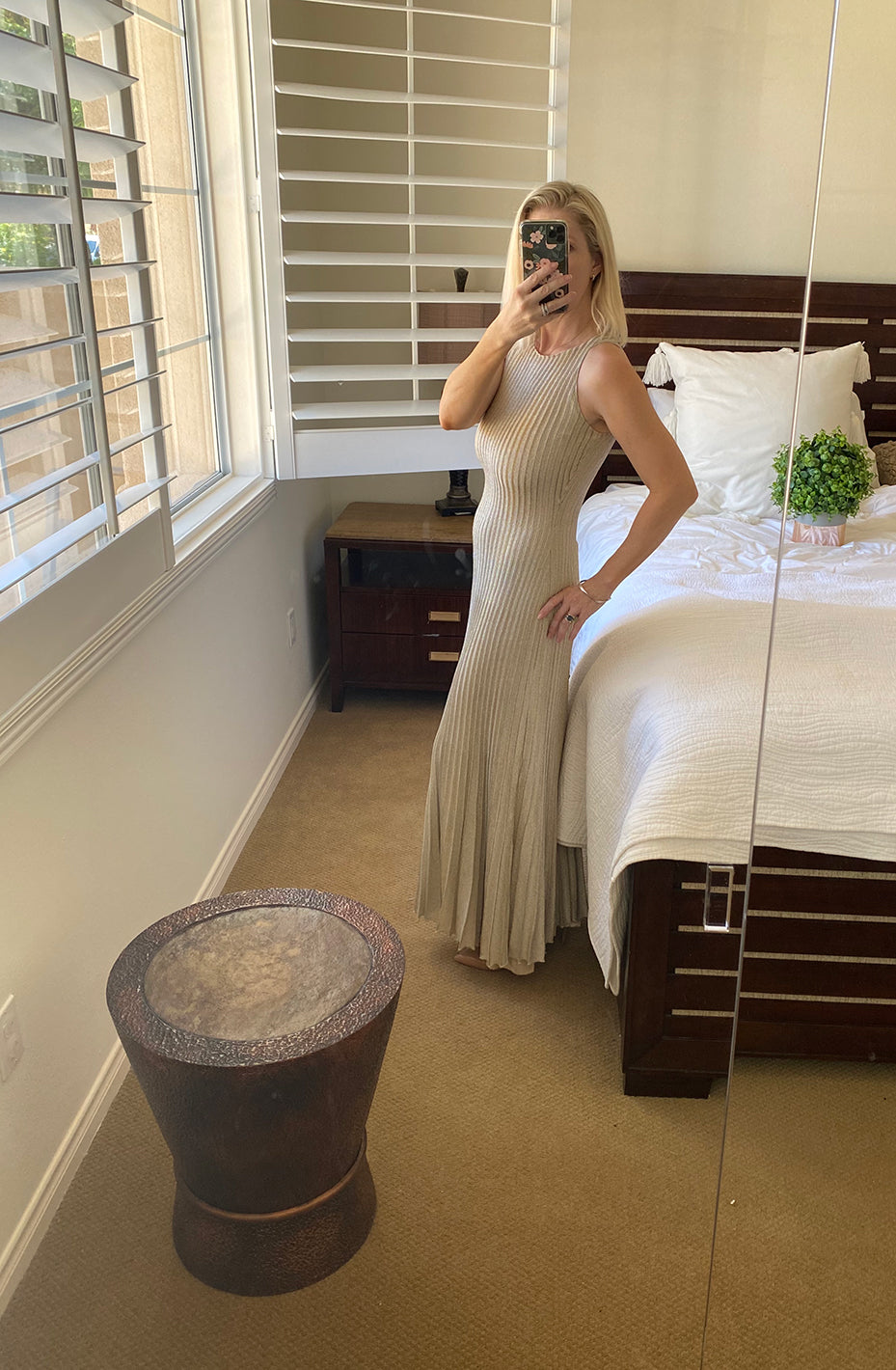 slim fit dress slacks St. John Metallic Gold Pleated Knit Dress Size 2 – Flower Moon Boutique